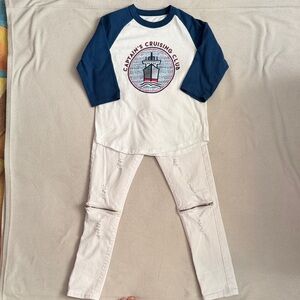 Boys Captain's Cruising Tee & Slim Fit Skinny Ripped Distressed Zipper Pants Set